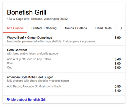 Google будет выдавать в результатах соответствующего поиска меню ресторана
