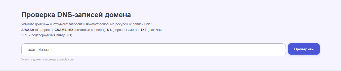 Интерфейс инструмента «DNS-записи домена» oWeb Solutions