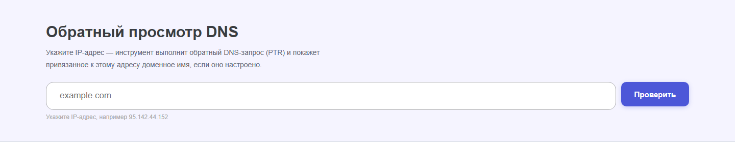 Интерфейс инструмента &laquo;Обратный просмотр DNS&raquo; oWeb Solutions